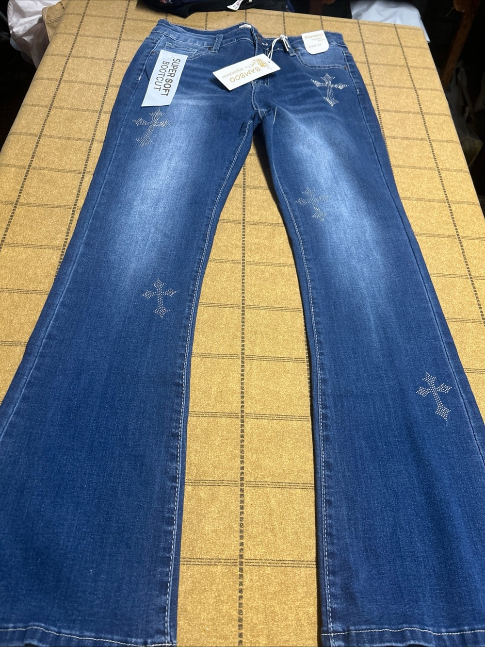NWT Bamboo Super Soft Bootcut Jeans Size 15 Rhinestone Cross Y2K Flare Denim